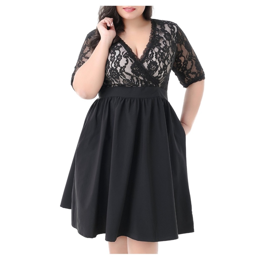 Half Sleeves V-Neckline Lace Top Plus Size Dress
